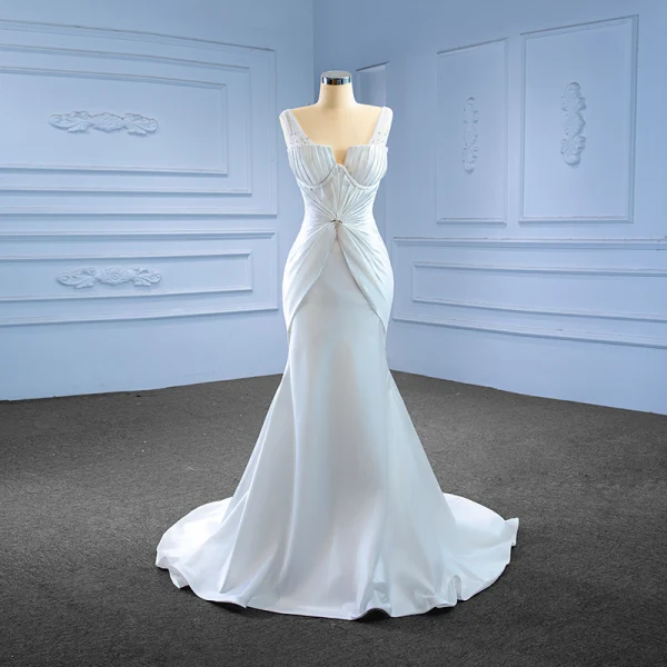 Haut de Gamme Ivoire Satin Paillettes Robe De Mariée 2022 Trompette / Sirène V-Cou Sans Manches Dos Nu Train De Balayage Mariage