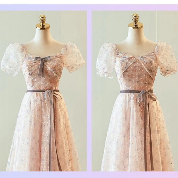 Chic / Belle Rougissant Rose Robe Demoiselle D'honneur 2023 Princesse Encolure Carrée Manches Courtes Dos Nu Noeud Ceinture Longue Robe Demoiselle D'honneur