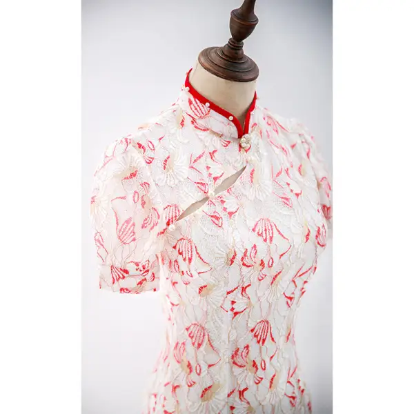 Style Chinois En Dentelle Rouge Robe De Soirée 2022 Trompette / Sirène Col Haut Perle Manches Courtes Longue Soirée Robe De Ceremonie