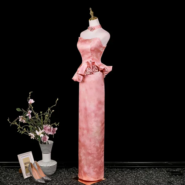 Sexy Candy Pink Evening Dresses 2026 Trumpet / Mermaid Strapless Sleeveless Backless Floor-Length / Long Evening Party Formal Dresses