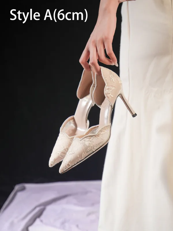 Elegant Beige Lace Flower Wedding Shoes 2025 Leather 6 cm Stiletto Heels Pointed Toe Wedding High Heels