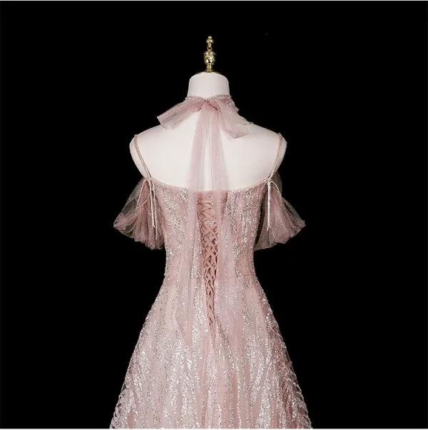 Sexy Glitzernden Rosa Perlenstickerei Strass Pailletten Abendkleider 2025 A Linie Stehkragen Kurze Ärmel Rückenfreies Lange Festliche Kleider