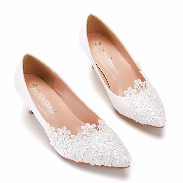 Élégant Blanche En Dentelle Fleur Chaussure De Mariée 2022 5 cm Talons Aiguilles À Bout Pointu Mariage Escarpins Talons Hauts