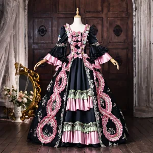 Medieval Vintage Retro Black Bow Lace Flower Prom Dresses 2026 Ball Gown Square Neckline Bell Sleeves Floor Length Long Formal Dresses