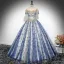 Vintage / Retro Sky Blue Beading Sequins Lace Flower Prom Dresses 2024 Ball Gown Scoop Neck Short Sleeve Backless Floor-Length / Long Prom Formal Dresses