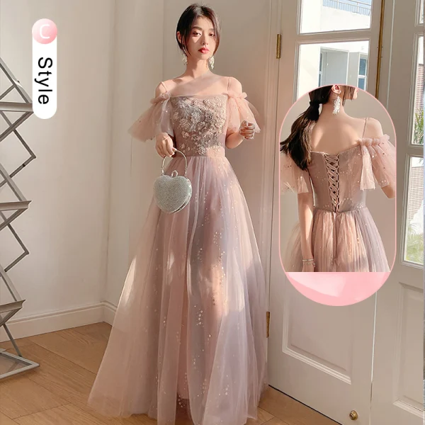 Chic / Beautiful Dusky Pink Pearl Rhinestone Sequins Bridesmaid Dresses 2022 A-Line / Princess Short Sleeve Backless Floor-Length / Long Bridesmaid