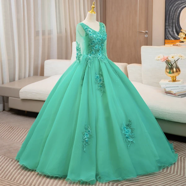 Elegant Mint Green Beading Sequins Pearl Lace Flower Appliques Prom Dresses 2024 Ball Gown V-Neck 3/4 Sleeve Backless Floor-Length / Long Prom