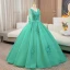 Elegant Mint Green Beading Sequins Pearl Lace Flower Appliques Prom Dresses 2024 Ball Gown V-Neck 3/4 Sleeve Backless Floor-Length / Long Prom