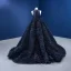 Luxury / Gorgeous Black Cascading Ruffles Prom Dresses 2022 Ball Gown High Neck Rhinestone Tassel Sleeveless Court Train Formal Dresses