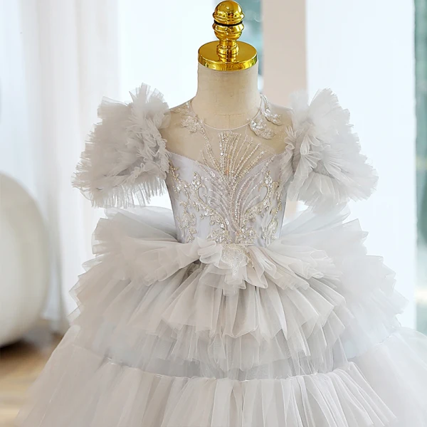 Chic / Beautiful Grey Beading Sequins Cascading Ruffles Flower Girl Dresses 2023 Ball Gown Scoop Neck Puffy Short Sleeve Backless Floor-Length / Long Flower Girl Dresses