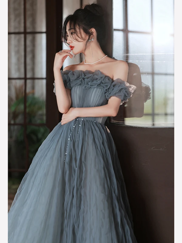 Chic / Belle Gris Volants Robe De Bal 2022 Princesse De l'épaule Manches Courtes Dos Nu Longue Promo Robe De Ceremonie