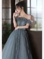 Chic / Belle Gris Volants Robe De Bal 2022 Princesse De l'épaule Manches Courtes Dos Nu Longue Promo Robe De Ceremonie