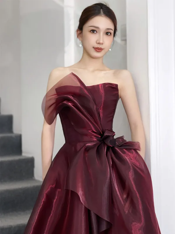 Fashion Burgundy Bow Prom Dresses 2025 A-Line / Princess Strapless Sleeveless Backless Floor-Length / Long Prom Formal Dresses