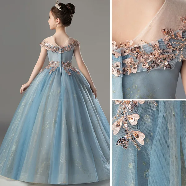 Fashion Sky Blue Beading Sequins Flower Girl Dresses 2022 Birthday Ball Gown Scoop Neck Sleeveless Backless Floor-Length / Long