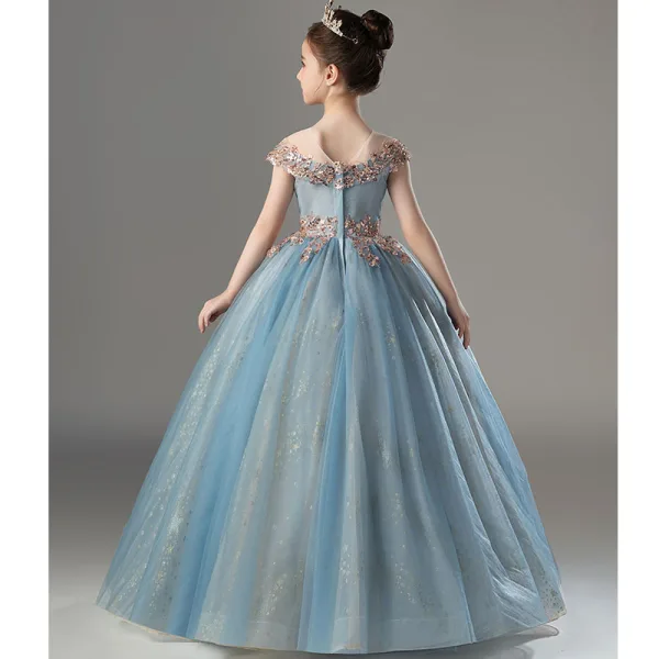 Fashion Sky Blue Beading Sequins Flower Girl Dresses 2022 Birthday Ball Gown Scoop Neck Sleeveless Backless Floor-Length / Long