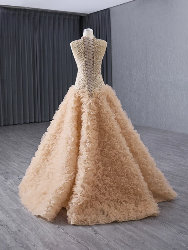 High-end Gold Rhinestone Sequins Pleated Prom Dresses 2024 A-Line / Princess High Neck Sleeveless Floor-Length / Long Prom Formal Dresses