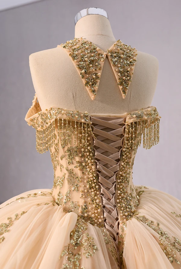 Luxury / Gorgeous Gold Handmade  Beading Sequins Pearl Tassel Prom Dresses 2024 Ball Gown High Neck Sleeveless Chapel Train Prom Formal Dresses