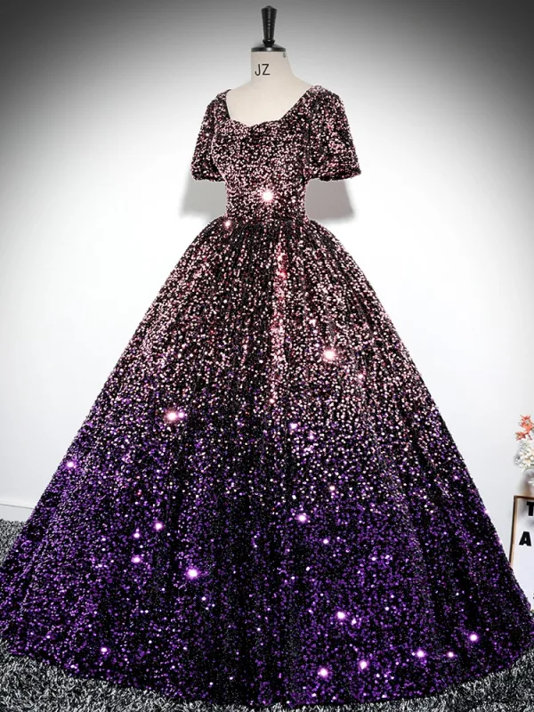 Scintillantes Multi-Couleurs Violet Paillettes Robe De Bal 2024 Robe Boule Encolure Carrée Manches Courtes Dos Nu Longue Promo Robe De Ceremonie