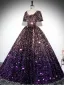 Scintillantes Multi-Couleurs Violet Paillettes Robe De Bal 2024 Robe Boule Encolure Carrée Manches Courtes Dos Nu Longue Promo Robe De Ceremonie