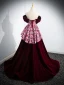 Elegant Burgundy Beading Pearl Sequins Flower Prom Dresses 2024 Velvet Ball Gown Off-The-Shoulder Short Sleeve Backless Sweep Train Prom Formal Dresses
