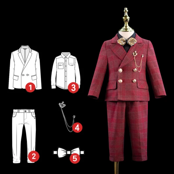 Burgundy 5-piece Plaid Long Sleeve Boys Wedding Suits 2022 Body Jewellery Coat Pants Shirt Tie Wedding