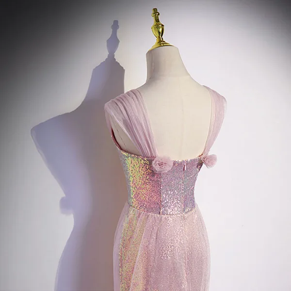 Sexy Rougissant Rose Paillettes Robe De Soirée 2022 Trompette / Sirène Encolure Carrée Manches Courtes Dos Nu Train De Balayage Soirée Robe De Ceremonie