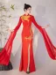 Chinese style Red Embroidered Split Front Evening Party Cheongsam 2025 Trumpet / Mermaid High Neck Long Sleeve Floor-Length / Long Cheongsam / Qipao