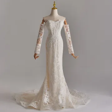 Vintage Weiß Spitze Blumen Brautkleider Hochzeitskleider 2025 Meerjungfrau Off Shoulder Lange Ärmel Rückenfreies Sweep Pinsel Zug Hochzeit