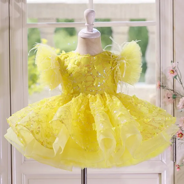 Schöne Gelb Applikationen Pailletten Quaste Schleife Kurze Geburtstag Blumenmädchenkleider 2025 Ballkleid Rundhalsausschnitt Geschwollenes Kurze Ärmel