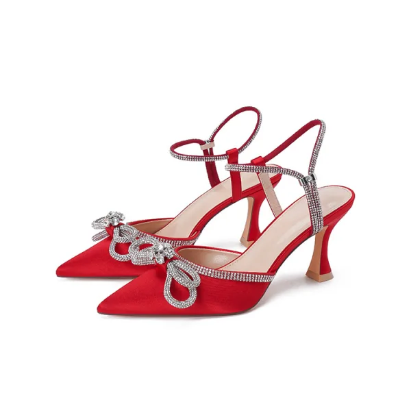 Sexy Rougissant Rose Soirée Faux Diamant Noeud Sandales Femme 2022 Bride Cheville 6 cm Talons Aiguilles À Bout Pointu Sandales Talons Hauts