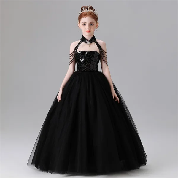 Chic / Beautiful Sky Blue Beading Tassel Sequins Birthday Flower Girl Dresses 2025 Ball Gown High Neck Sleeveless Floor-Length / Long