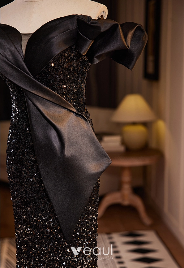 black western dress shirt Shiny Off the Shoulder Black Prom Dresses with Corset Back, Shiny Blac