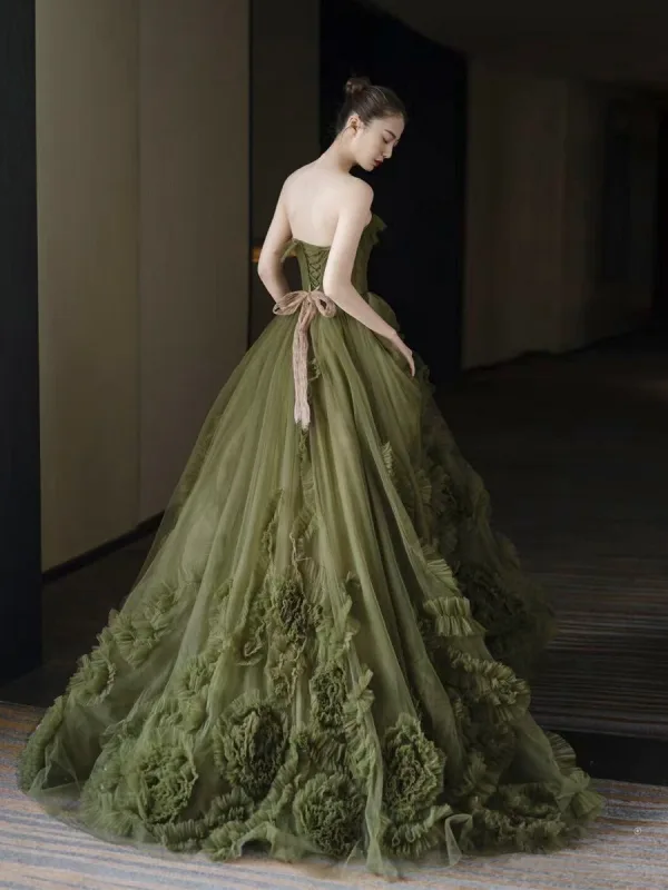 Chic / Belle Vert Cendré Noeud Ceinture Robe De Bal 2025 Princesse Bustier Sans Manches Dos Nu Train De Balayage Robe De Ceremonie