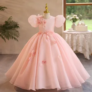 Élégant Rougissant Rose Appliques Anniversaire Robe Ceremonie Fille 2024 Robe Boule Encolure Dégagée Gonflée Manches Courtes Dos Nu Longue Robe Ceremonie Fille