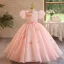Elegant Blushing Pink Appliques Birthday Flower Girl Dresses 2024 Ball Gown Scoop Neck Puffy Short Sleeve Backless Floor-Length / Long Flower Girl Dresses