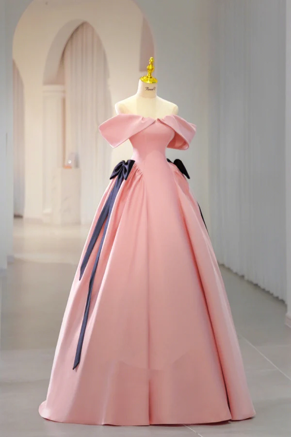Elegant Candy Pink Satin Prom Dresses 2023 Ball Gown Off-The-Shoulder Short Sleeve Backless Bow Floor-Length / Long Prom Formal Dresses