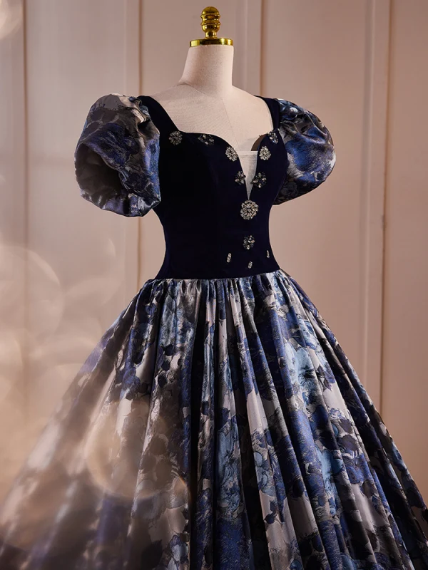 Vintage / Retro Navy Blue Printing Prom Dresses 2024 Ball Gown Square Neckline Puffy Short Sleeve Backless Floor-Length / Long Prom Formal Dresses