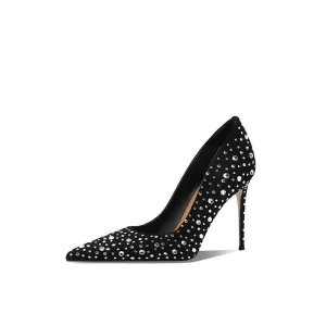 High End Sexy Black Rhinestone Prom Pumps 2025 Leather 10 Cm Stiletto Heels Pointed Toe Pumps High Heels