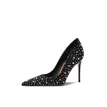 High End Sexig Svarta Rhinestone Bal Pumps 2025 Läder 10 Cm Stilettklackar Spetsiga Pumps Högklackade