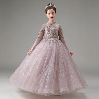 Chic Beautiful Lavender Beading Lace Flower Sequins Birthday Flower Girl Dresses 2023 A Line Princess High Neck Long Sleeve Floor Length Long Flower Girl Dresses