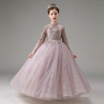 Chic Beautiful Lavender Beading Lace Flower Sequins Birthday Flower Girl Dresses 2023 A Line Princess High Neck Long Sleeve Floor Length Long Flower Girl Dresses