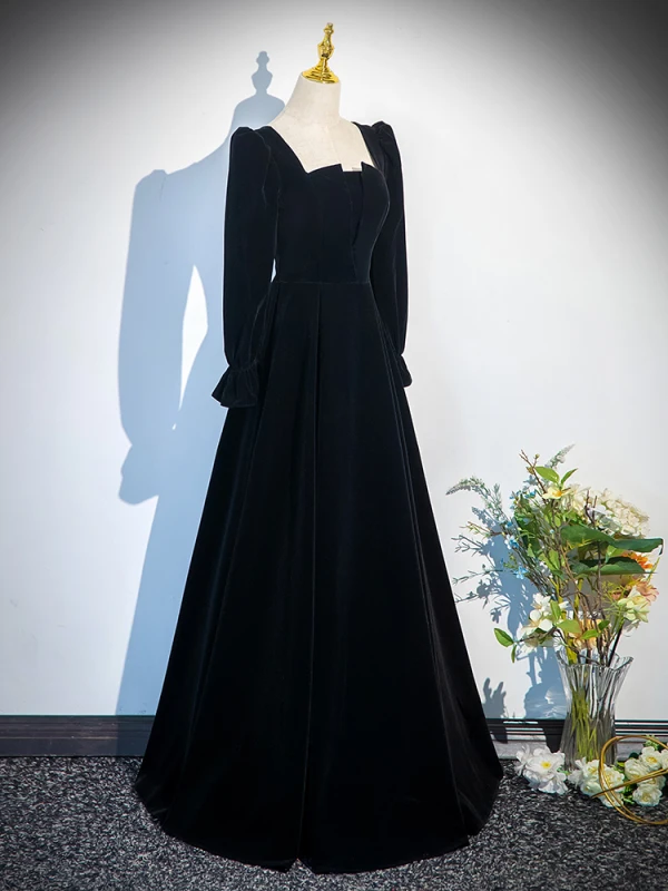 Vintage / Retro Black Winter Prom Dresses 2024 A-Line / Princess Square Neckline Long Sleeve Backless Floor-Length / Long Prom Formal Dresses