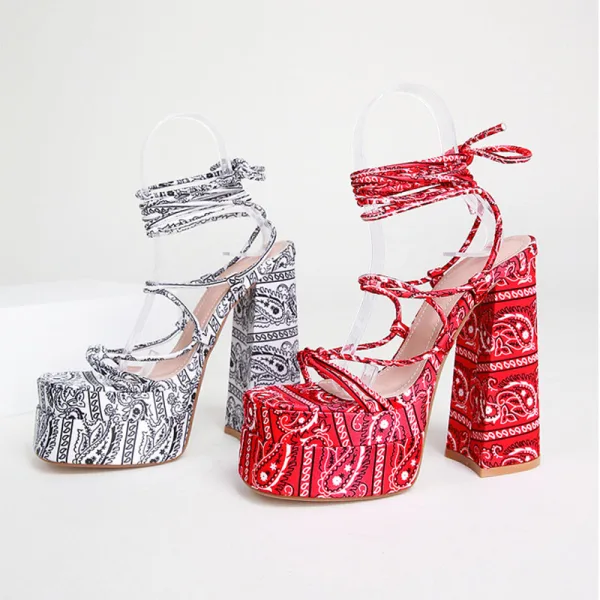 Roman Summer Red Street Wear Womens Sandals 2022 Ankle Strap 14 cm Thick Heels Open / Peep Toe Sandals High Heels