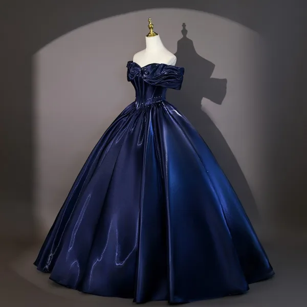 Vintage / Retro Navy Blue Prom Dresses 2026 Ball Gown Off-The-Shoulder Short Sleeve Backless Floor-Length / Long Formal Dresses