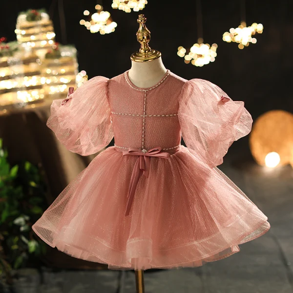 Chic / Beautiful Pearl Pink Beading Pearl Sequins Birthday Flower Girl Dresses 2022 Ball Gown Scoop Neck Puffy Short Sleeve Floor-Length / Long Flower Girl Dresses