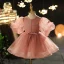Chic / Beautiful Pearl Pink Beading Pearl Sequins Birthday Flower Girl Dresses 2022 Ball Gown Scoop Neck Puffy Short Sleeve Floor-Length / Long Flower Girl Dresses