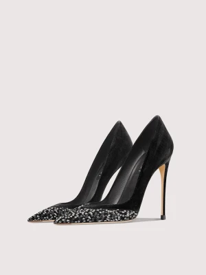 Charmant Noire Daim Paillettes Soirée Escarpins 2024 Cuir 10 Cm Talons Aiguilles À Bout Pointu Escarpins Talons Hauts