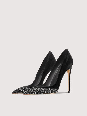 Sjarmerende Svart Suede Paljetter Aften Pumps 2024 Lær 10 Cm Stiletthæler Spisse Pumps Høyhælte