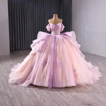 High End Lovely Blushing Pink Beading Pearl Sequins Prom Dresses 2025 Ball Gown Off The Shoulder Short Sleeve Backless Bow Chapel Train Prom