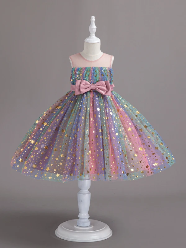 Bling Bling Blushing Pink Star Sequins Birthday Short Flower Girl Dresses 2024 Ball Gown Scoop Neck Sleeveless Bow Sash